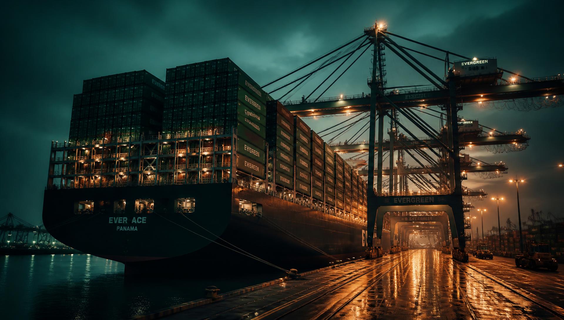 Container port at dusk with cranes loading a CargoVault vessel
